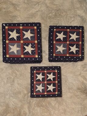 Patriotic Fabric Patchwork Star Decorative Boxes Set Of 3 Navy, Red, Cream